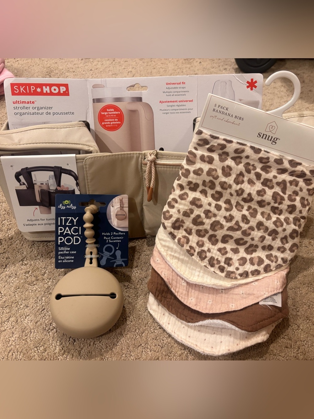 Neutral baby bundle! stroller organizer, pacifier holder, 5 pack bibs, All New